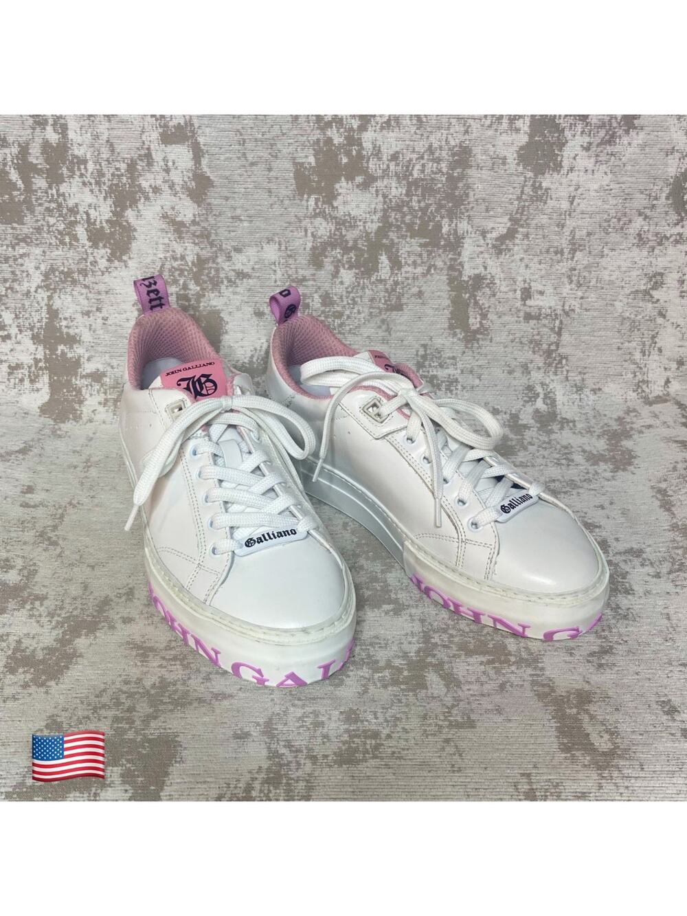 John Galliano Gazette Logo Leather Sneakers in Pink/White
